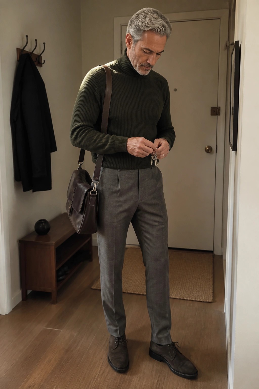 Man over 50 in dark green turtleneck sweater, gray pleated trousers, brown suede lace-up shoes, and brown leather messenger bag standing in a hallway while holding keys.