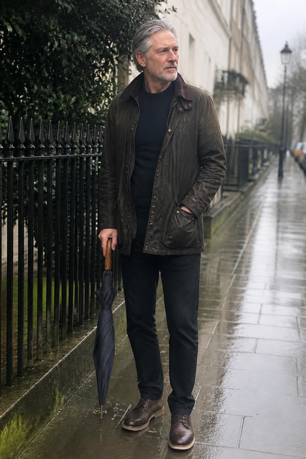 Gray-haired man in waxed jacket holds umbrella on wet sidewalk.