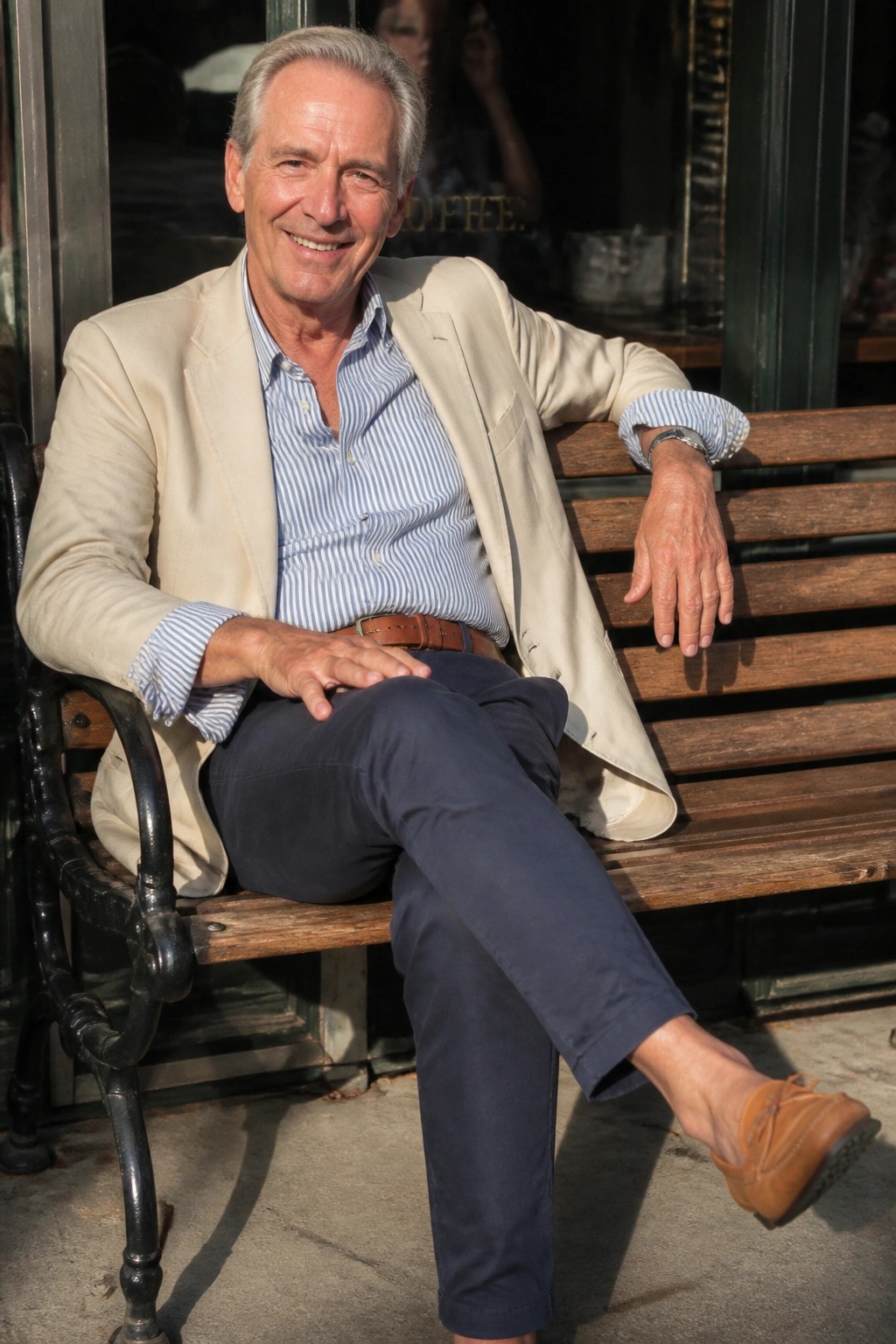 Gray-haired man in beige blazer and striped shirt relaxes on wooden bench.