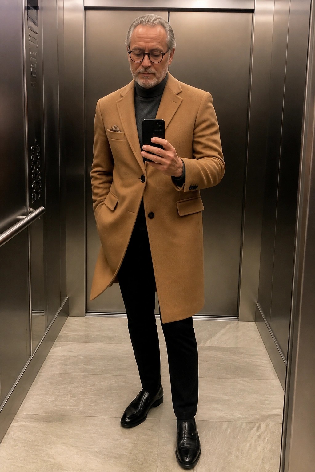 Man in tan overcoat and turtleneck holding phone in elevator
