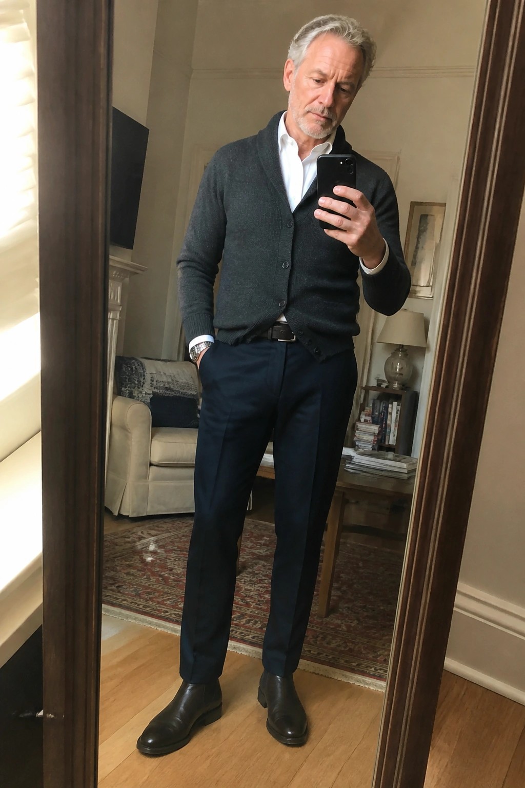 Gray-haired man in gray cardigan, white shirt, navy trousers, and brown boots taking mirror selfie.