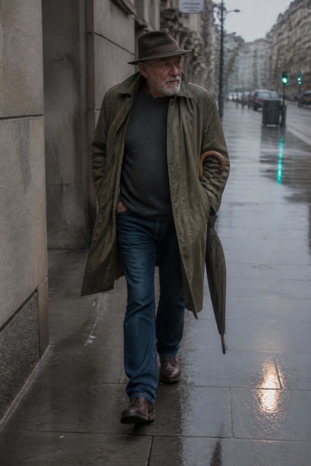 Elderly man in green coat and fedora walks rainy sidewalk holding umbrella.
