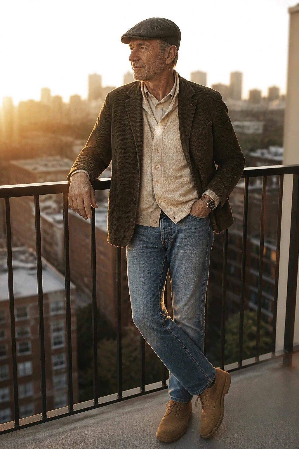 Stylish older man in corduroy jacket, vest, and cap on city balcony at sunset