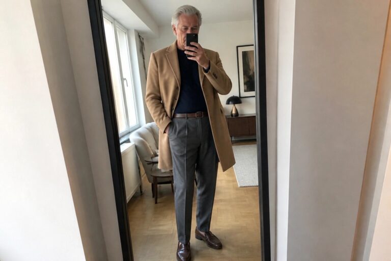 Man in tan overcoat, navy sweater and gray trousers taking mirror selfie