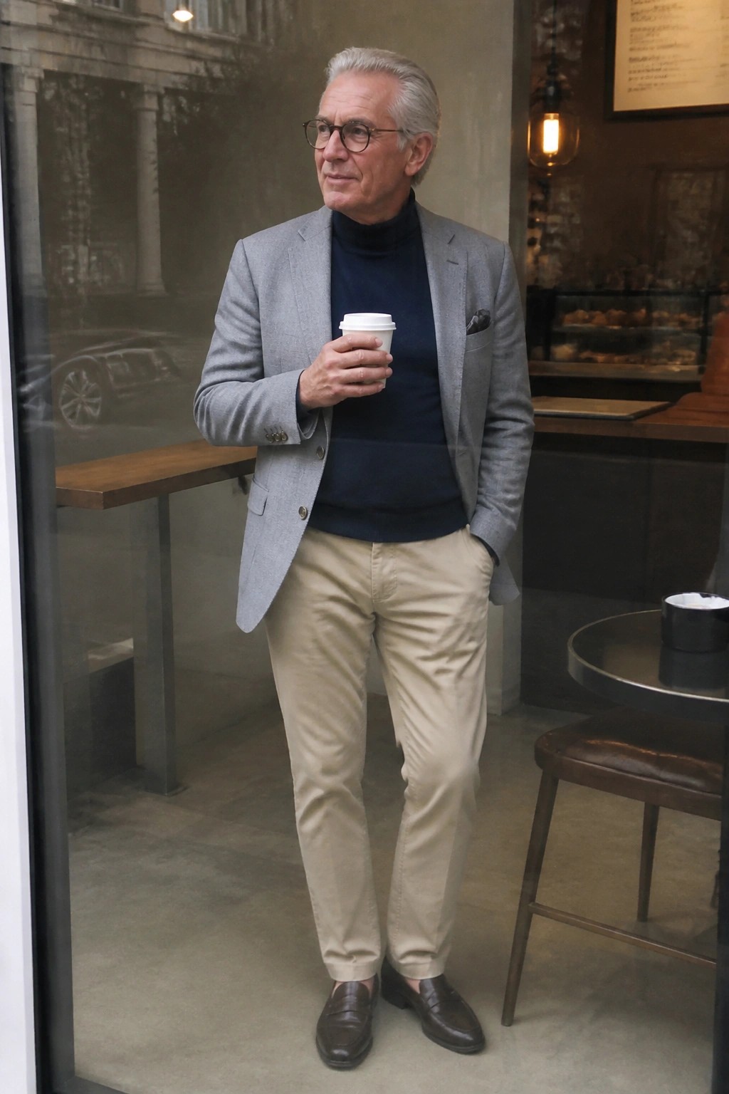 Gray-haired man in gray blazer and turtleneck holding coffee in cafe