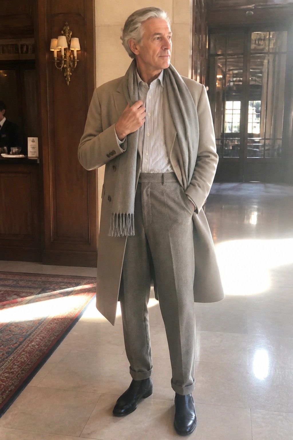 Stylish older man in light gray overcoat and scarf stands in elegant lobby.