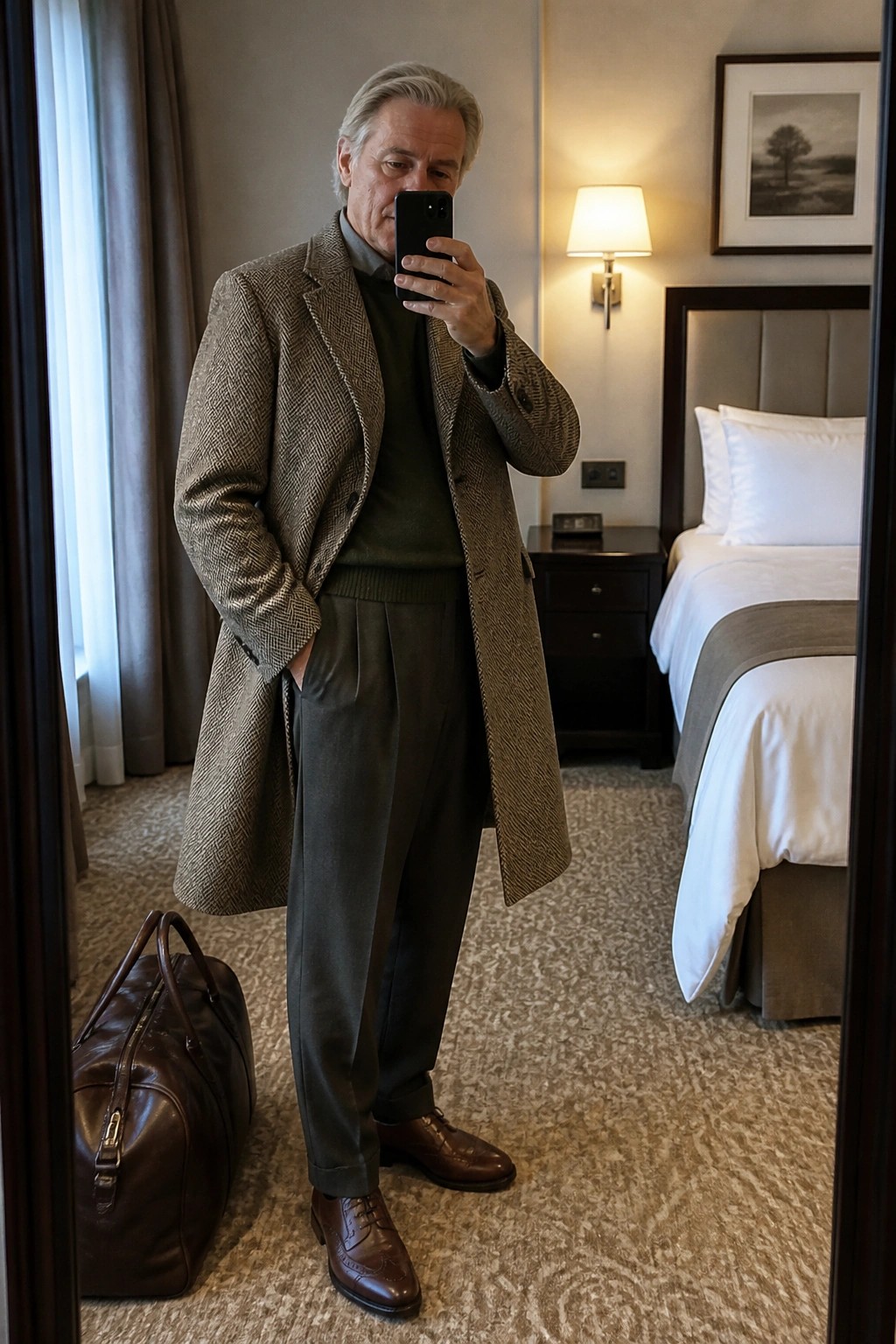 Gray-haired man in herringbone coat takes mirror selfie in hotel room