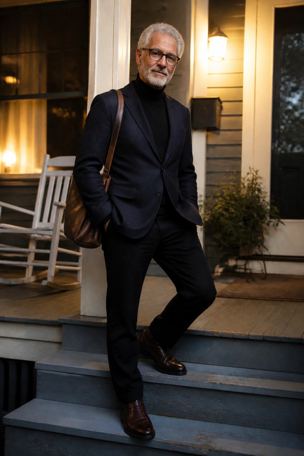 Gray-haired man in navy blazer and black turtleneck on wooden porch steps with leather bag