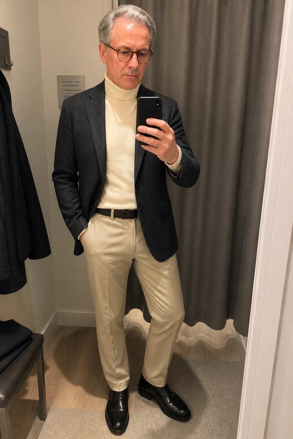 Man in navy blazer and cream turtleneck taking mirror selfie in fitting room