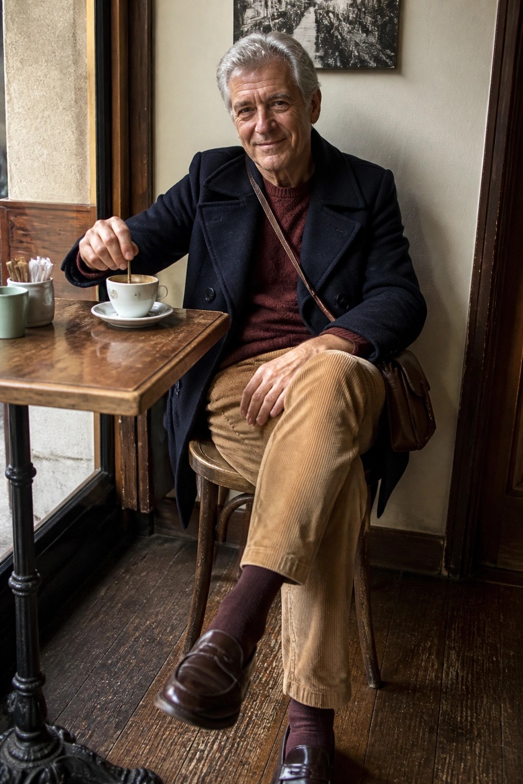 Silver-haired man in navy coat over maroon sweater stirs coffee at cafe table.
