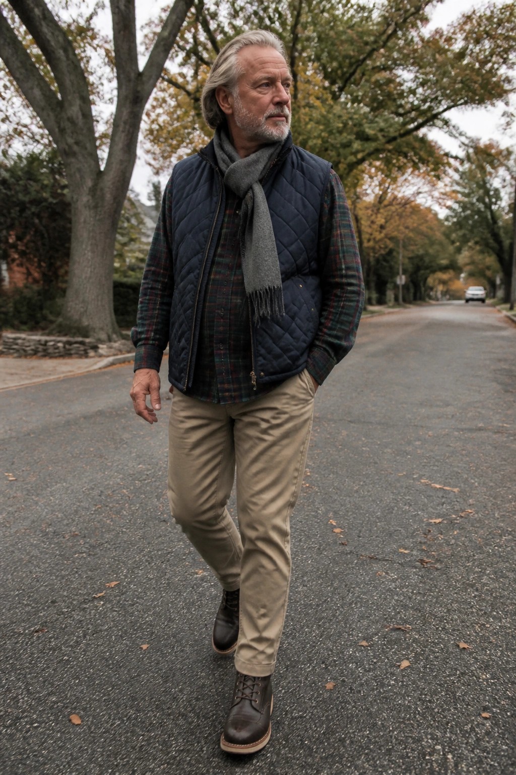 Gray-haired man in quilted vest and plaid shirt walks on autumn street