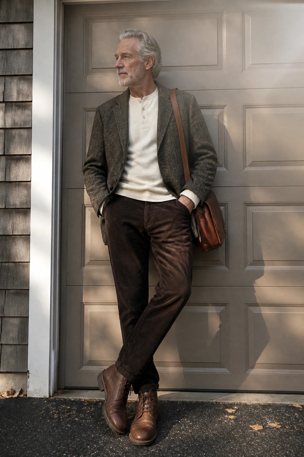 Gray-haired man in tweed blazer and corduroy pants by garage door with leather bag