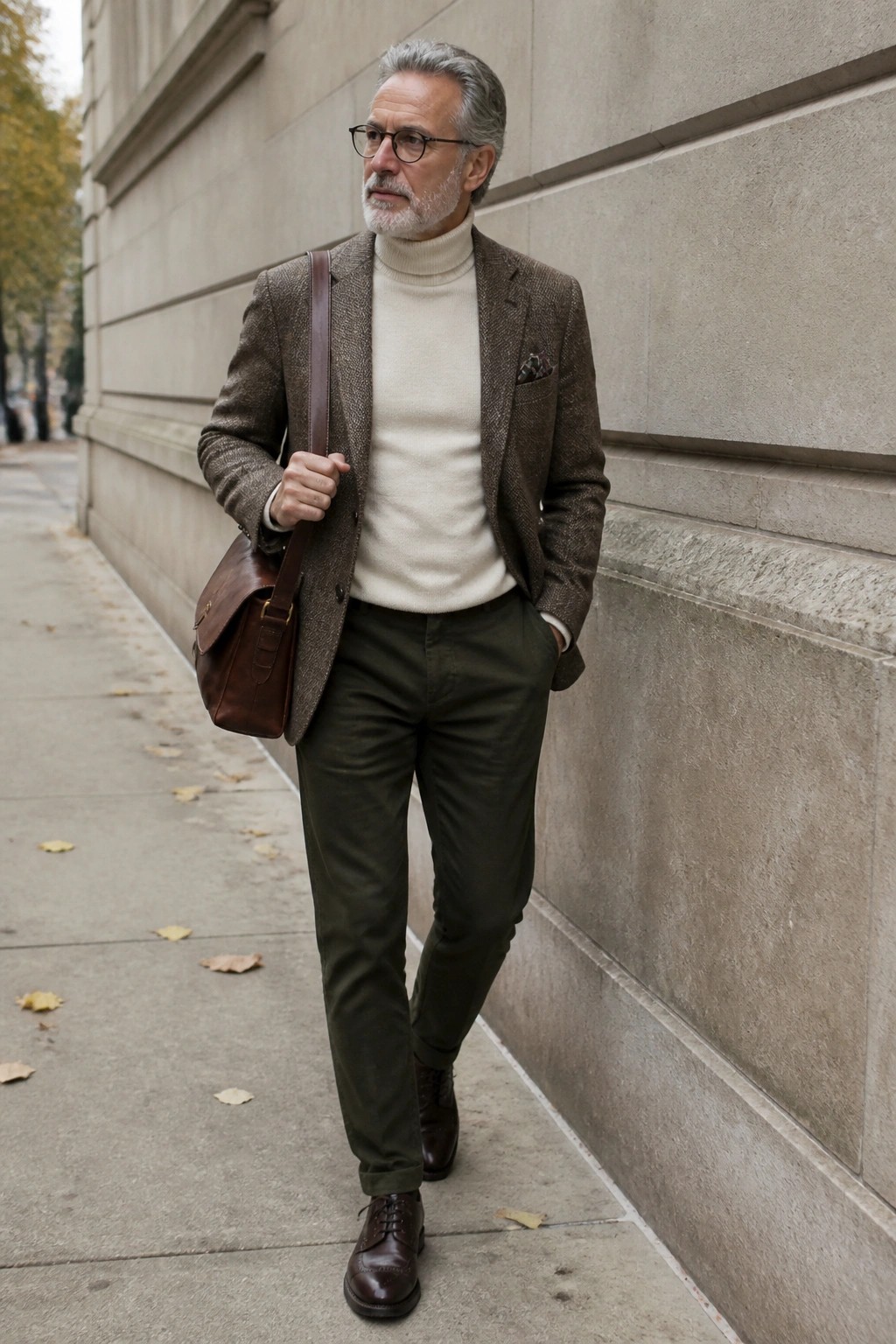 Man in brown tweed blazer over cream turtleneck, carrying leather bag on sidewalk.