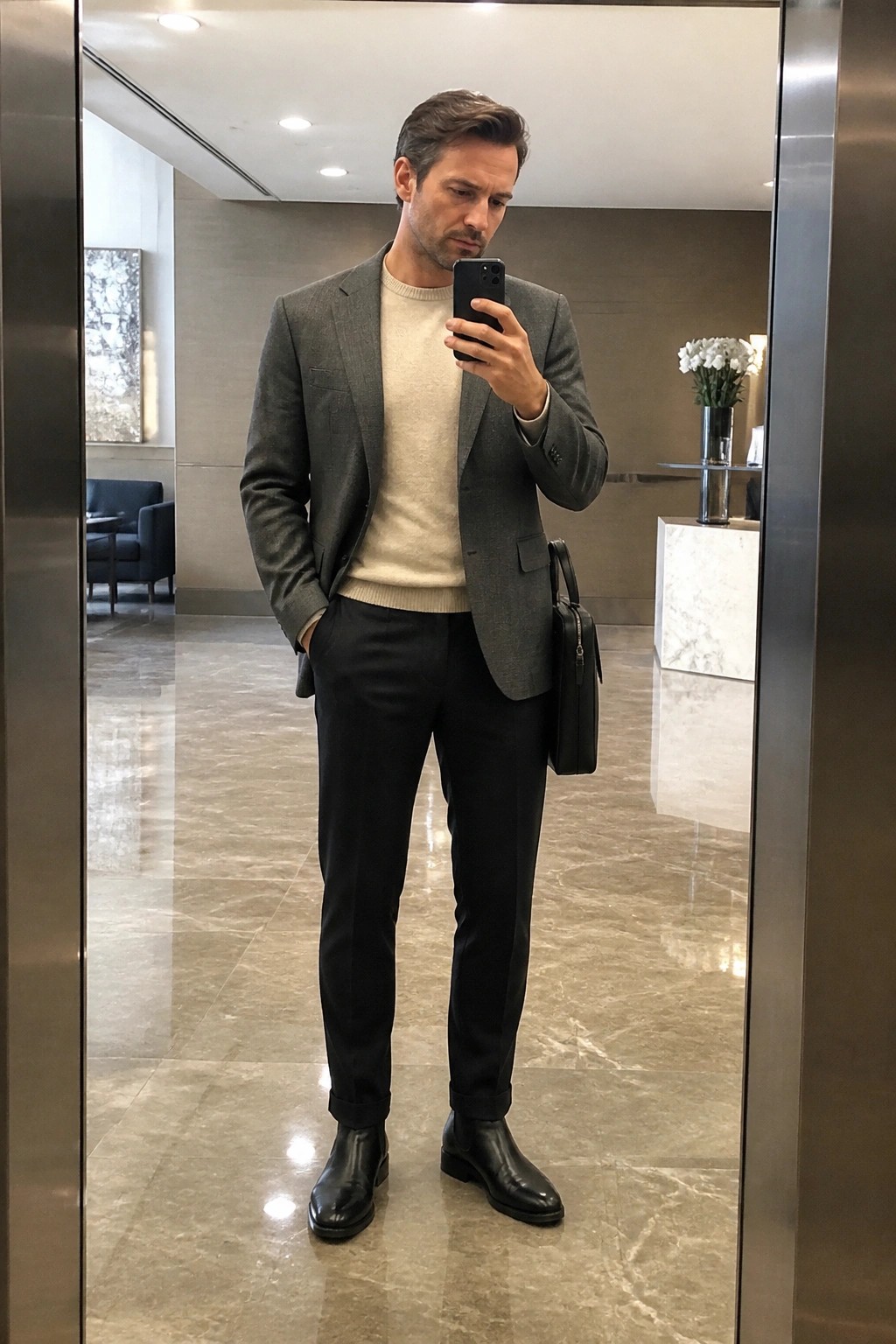 Man in gray blazer and cream sweater taking mirror selfie in marble lobby
