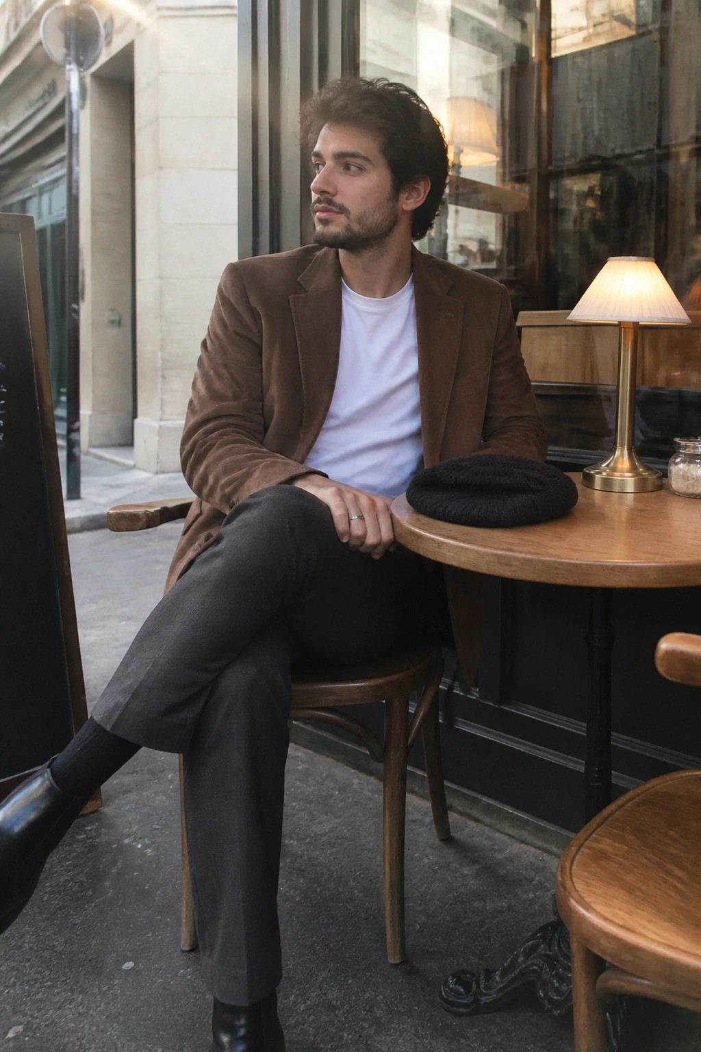 Man in brown suede jacket seated at outdoor cafe with black beret on table