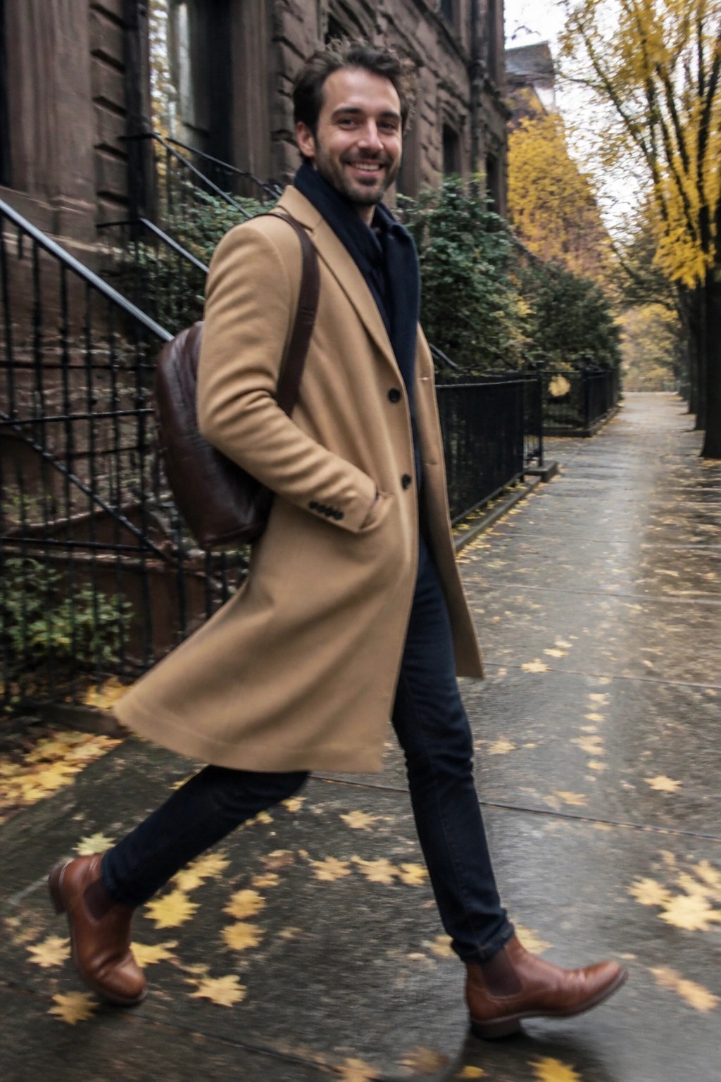 Smiling man in tan coat with leather bag on leaf-covered autumn sidewalk