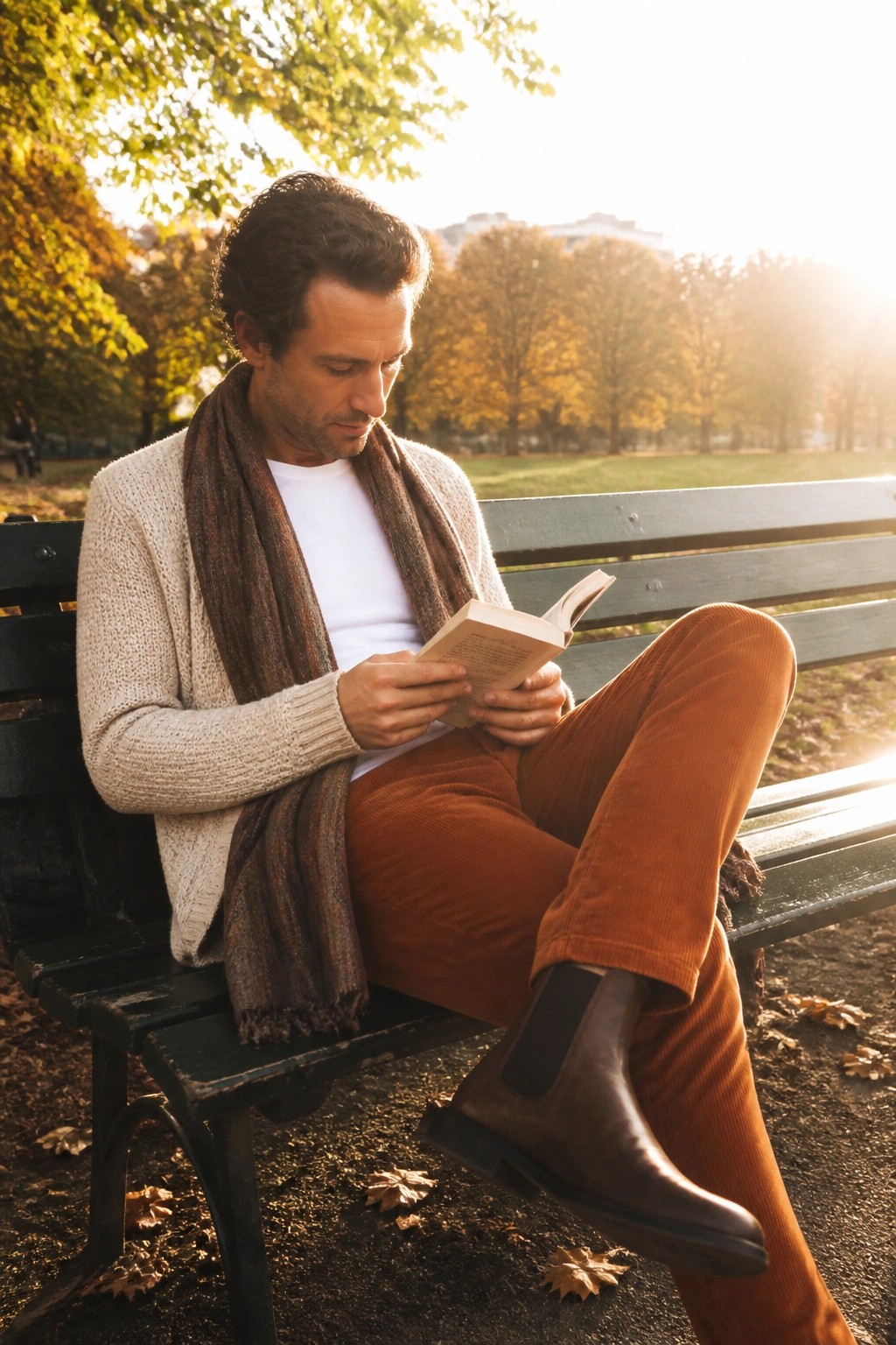 Man in cream sweater and brown scarf reading book on bench in autumn park