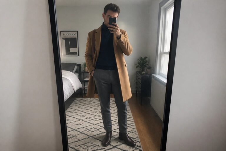 Man in tan overcoat and navy turtleneck taking mirror selfie in bedroom