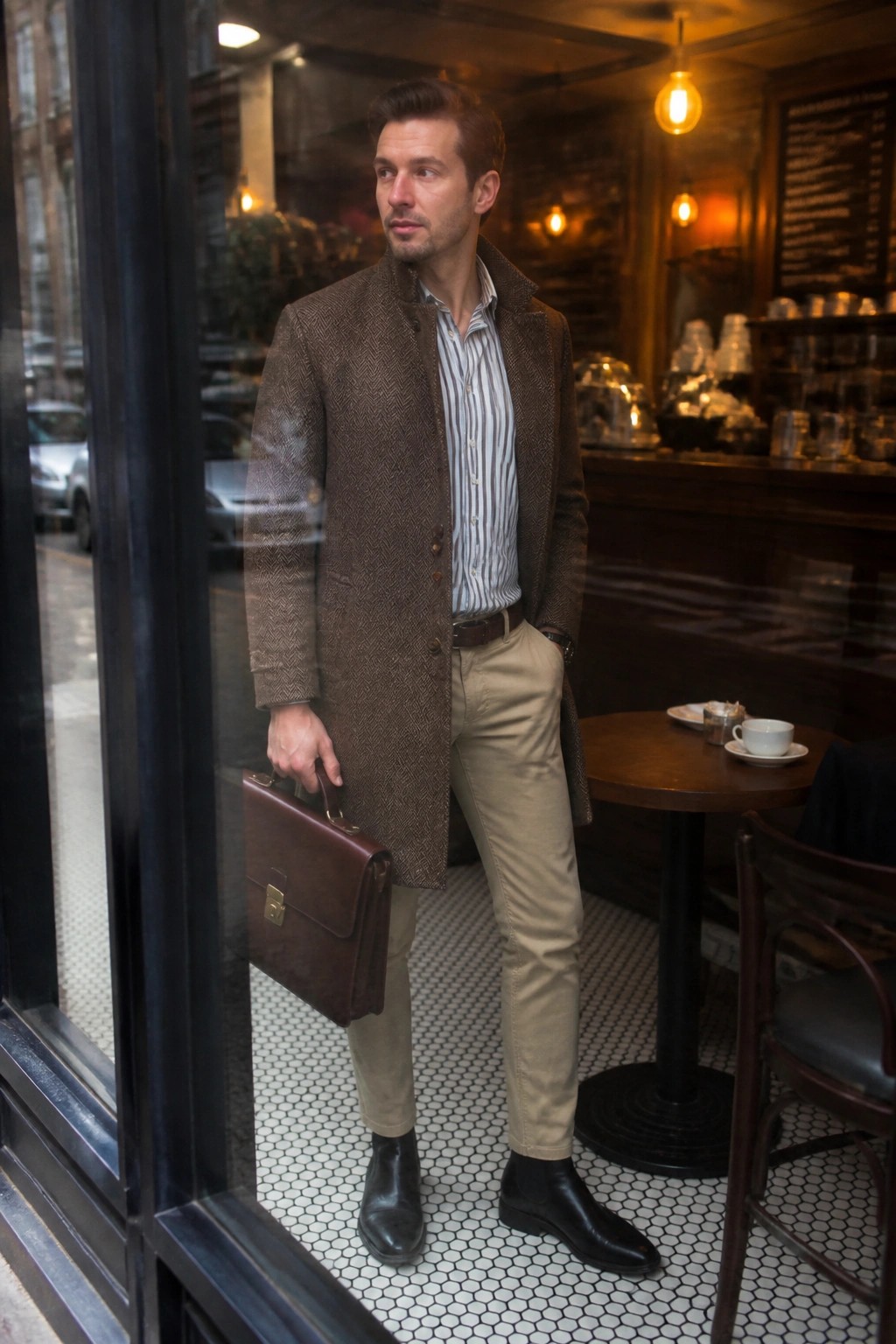 Man in brown herringbone coat holding briefcase in cafe doorway with tiled floor