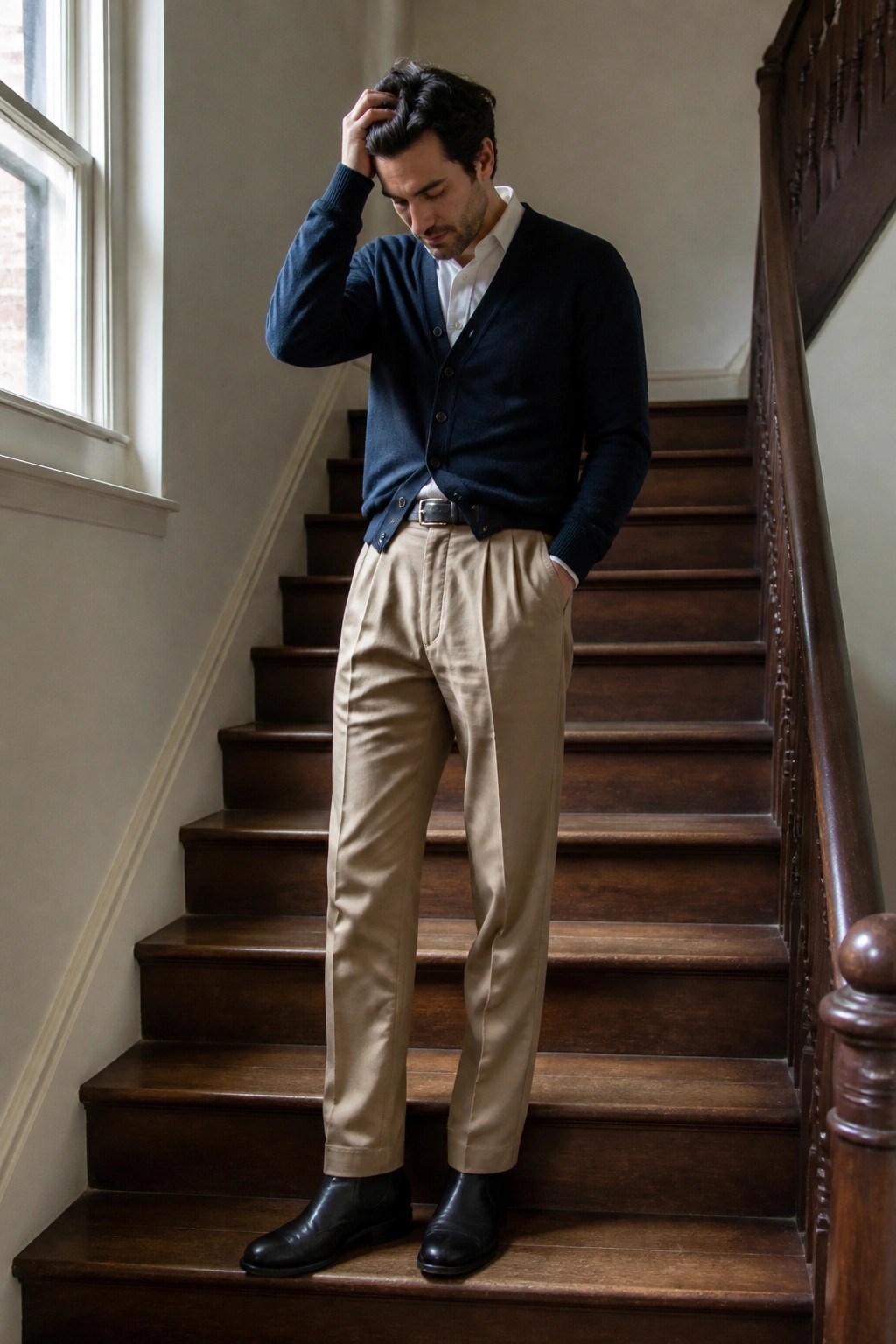 Man in navy cardigan and beige trousers stands on wooden stairs