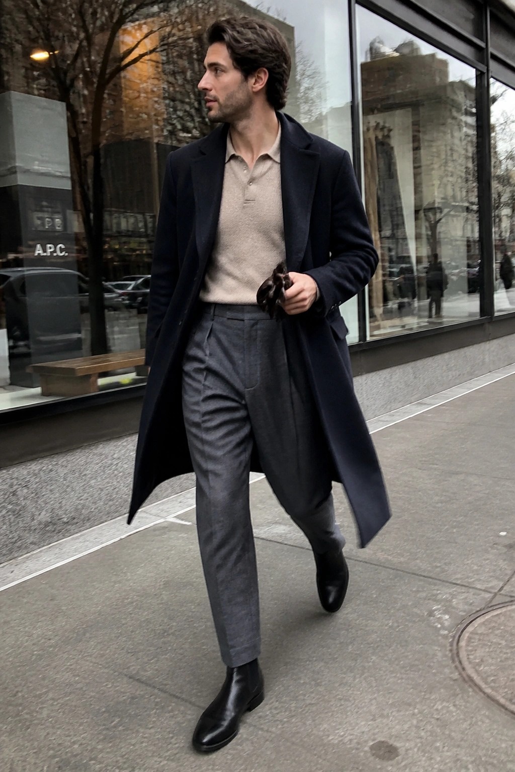 Man in navy overcoat, beige sweater, and gray trousers walking city sidewalk