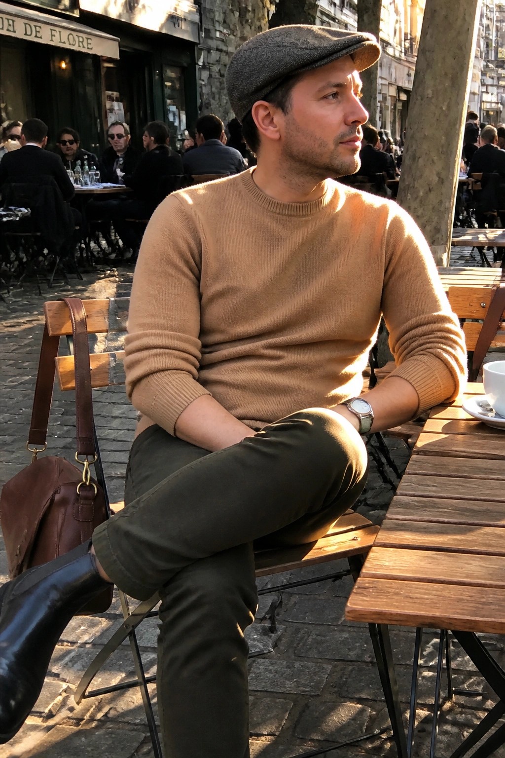 Man in tan sweater and gray cap seated at outdoor cafe with leather bag nearby