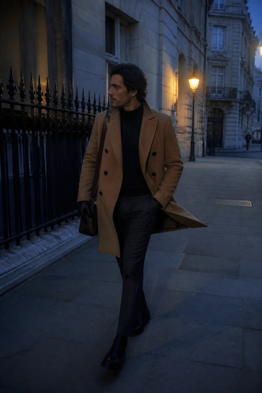 Man in tan overcoat and black turtleneck walking on dusk city street with bag.