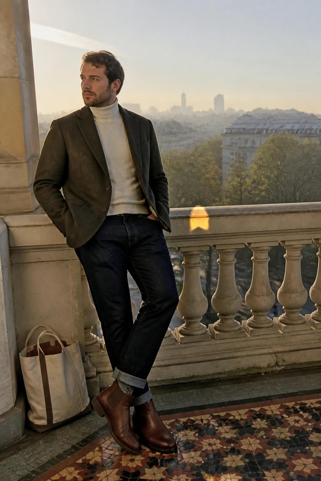 Man in brown blazer and white turtleneck stands on city balcony with tote bag nearby