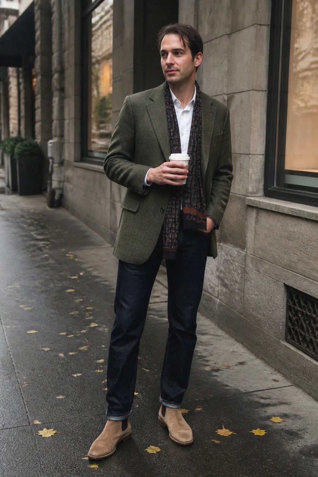 Man in green blazer and scarf holds coffee on autumn city sidewalk