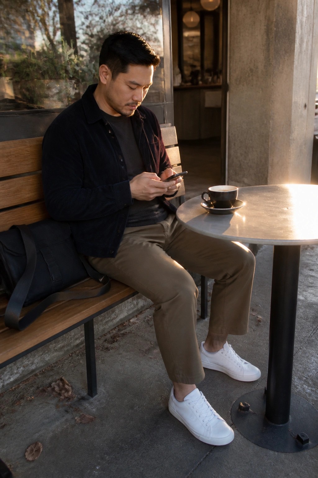 Man in dark corduroy jacket checks phone beside coffee cup on outdoor table