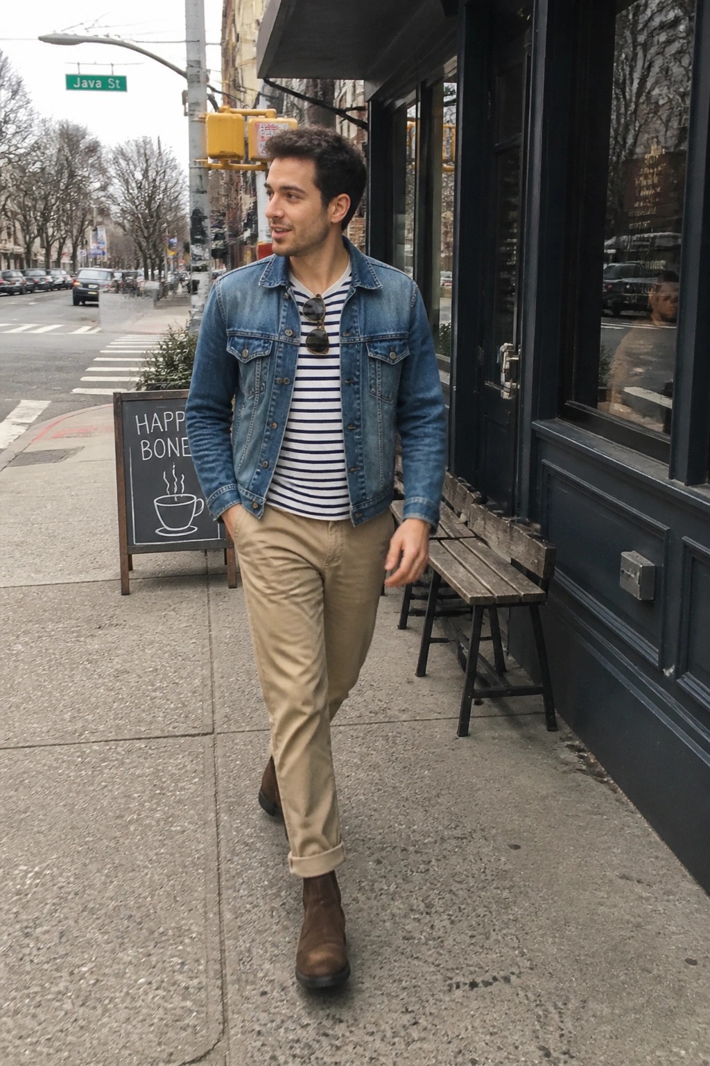 Man in denim jacket over striped shirt and khaki pants walks on city sidewalk