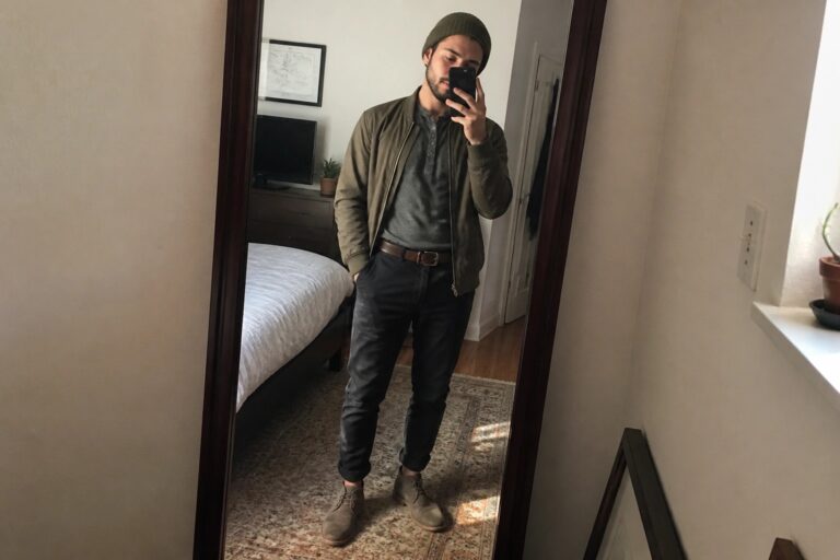Man in green bomber jacket and beanie taking mirror selfie in bedroom