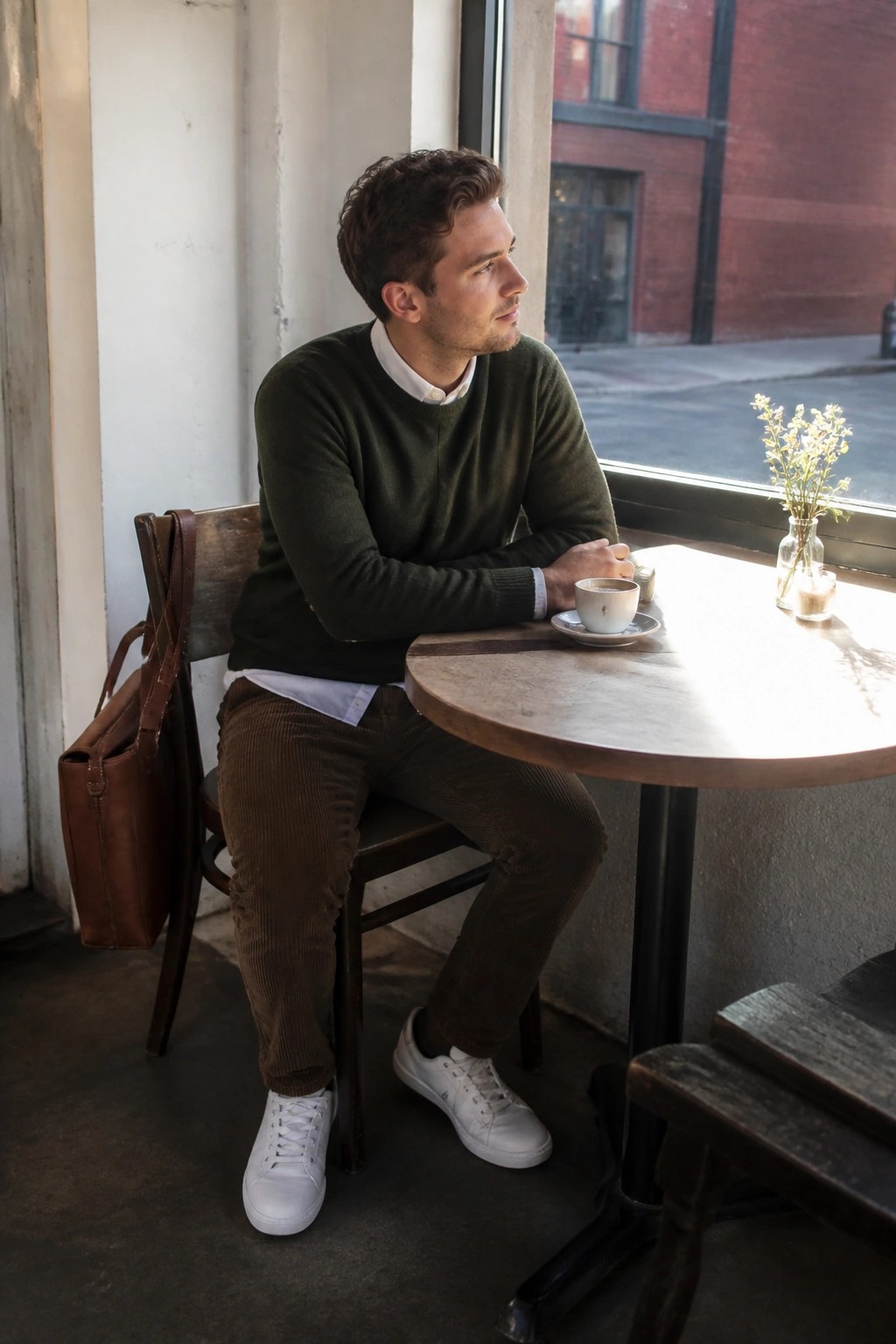 Young man in green sweater and corduroy pants at sunlit cafe table by window