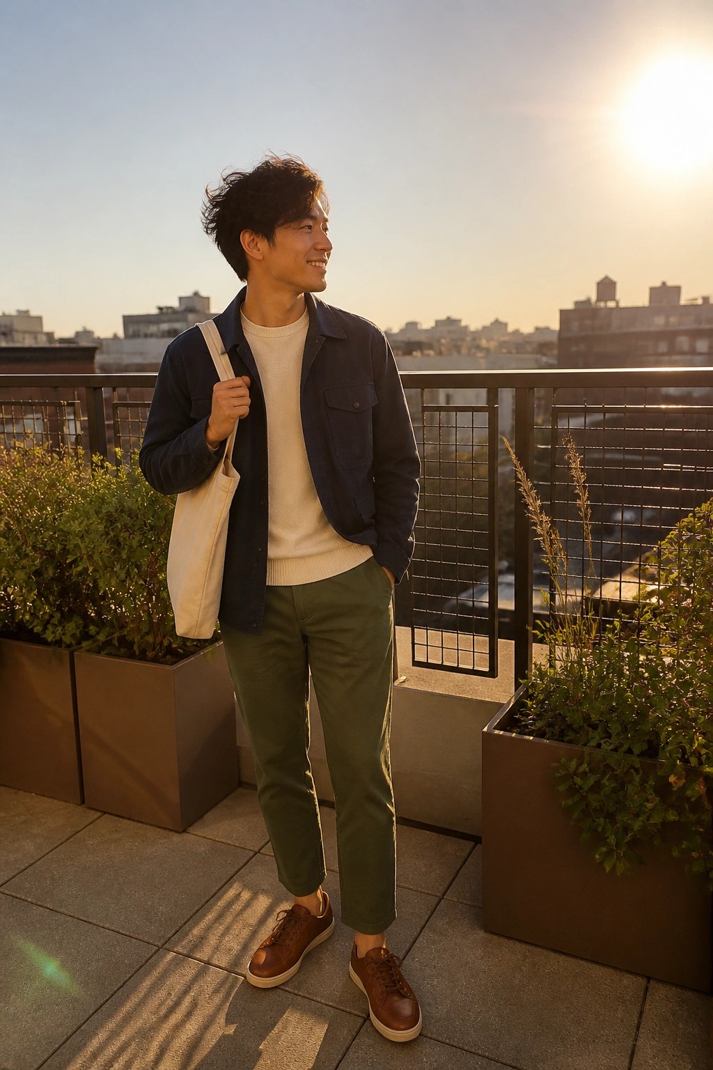 Smiling Asian man in navy jacket and green pants holding tote bag on sunny rooftop
