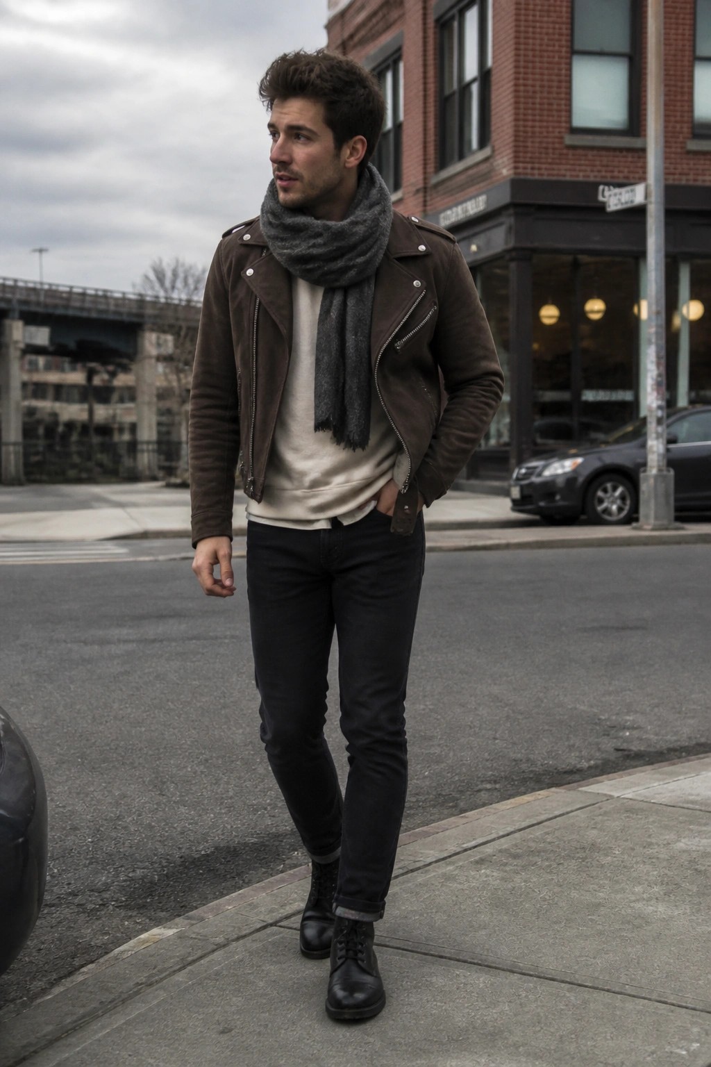 Young man in brown suede jacket and gray scarf on city sidewalk