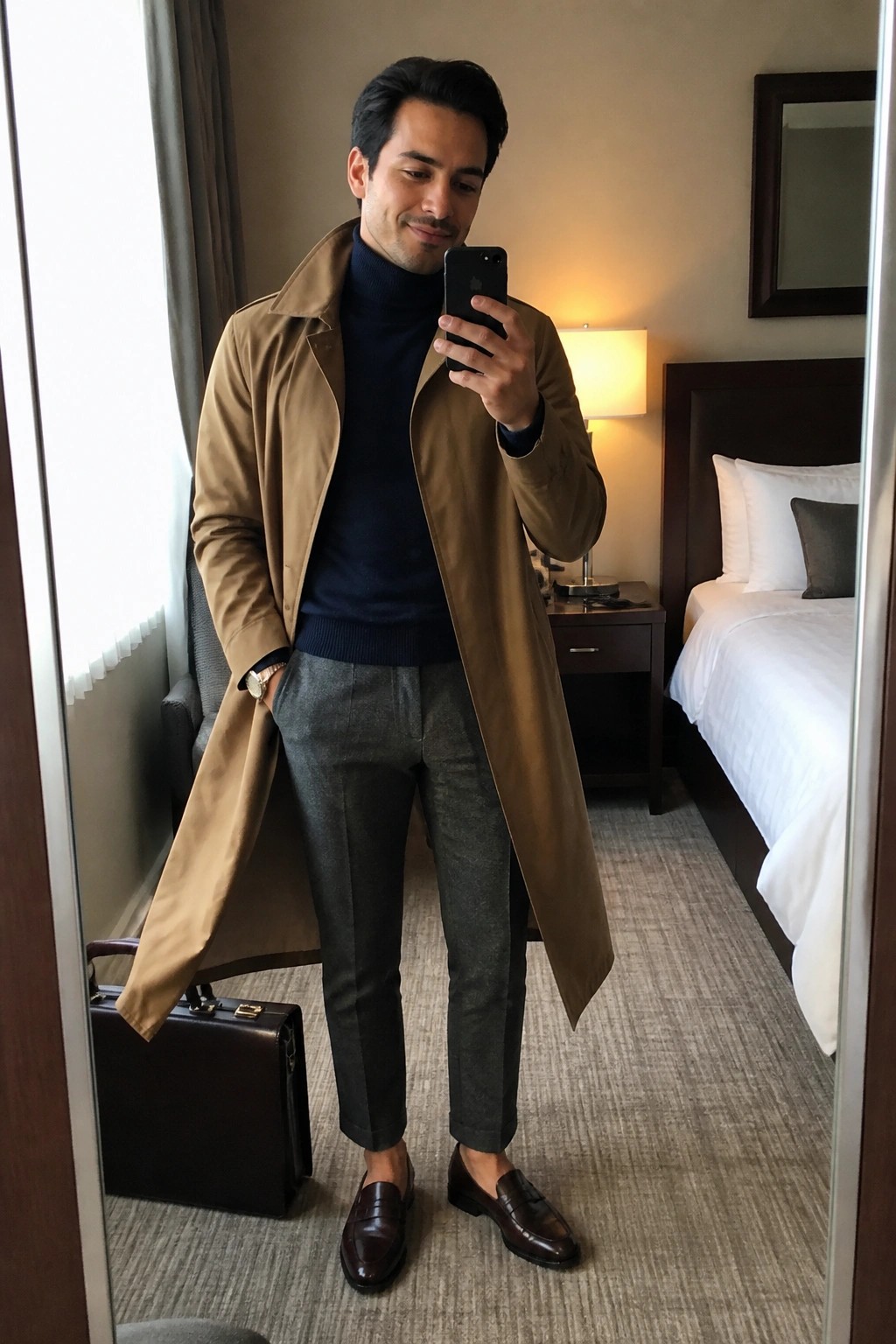 Man in tan trench coat over navy turtleneck taking mirror selfie in hotel room