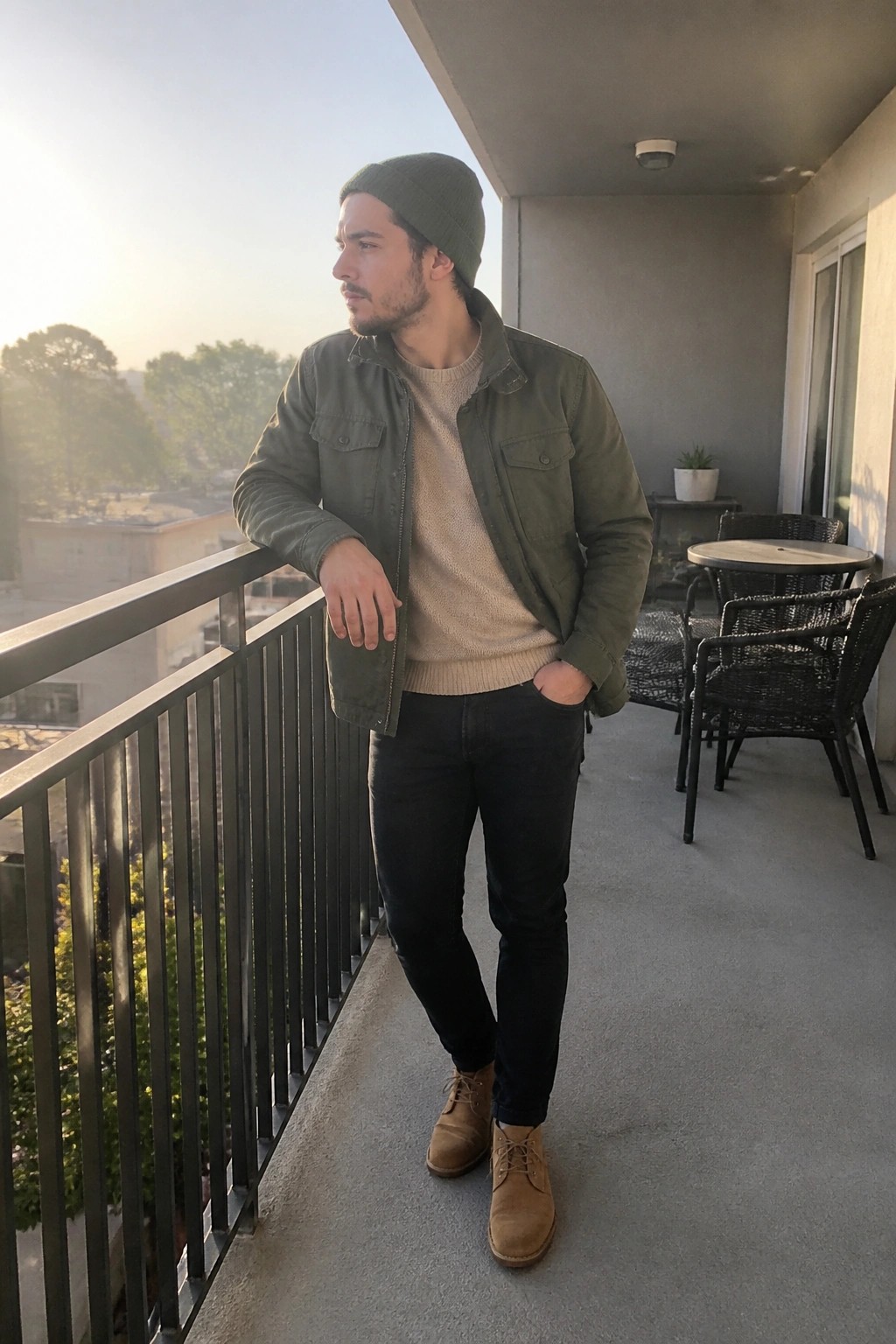 Man in green jacket and beanie leaning on balcony railing overlooking trees