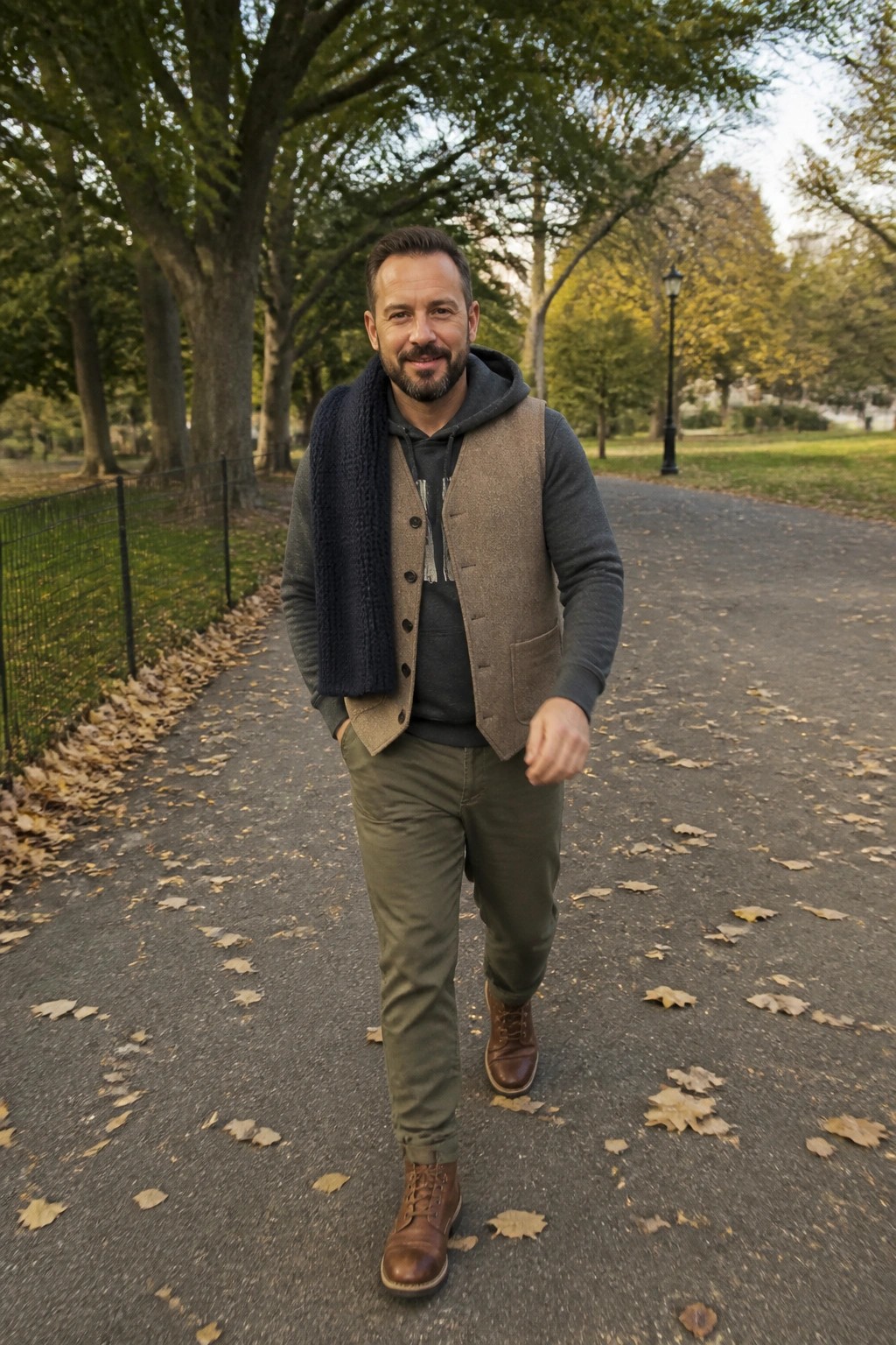 Smiling bearded man in brown vest and scarf on autumn park path with leaves.