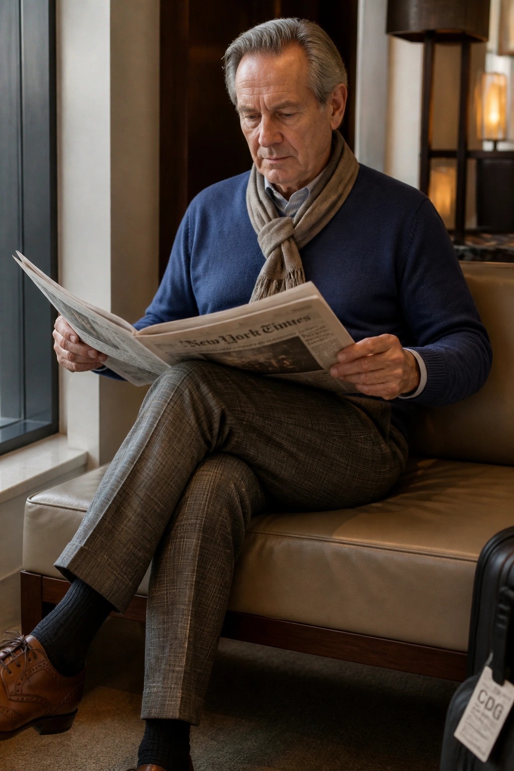 Elderly man in blue sweater and scarf reads New York Times beside black luggage.