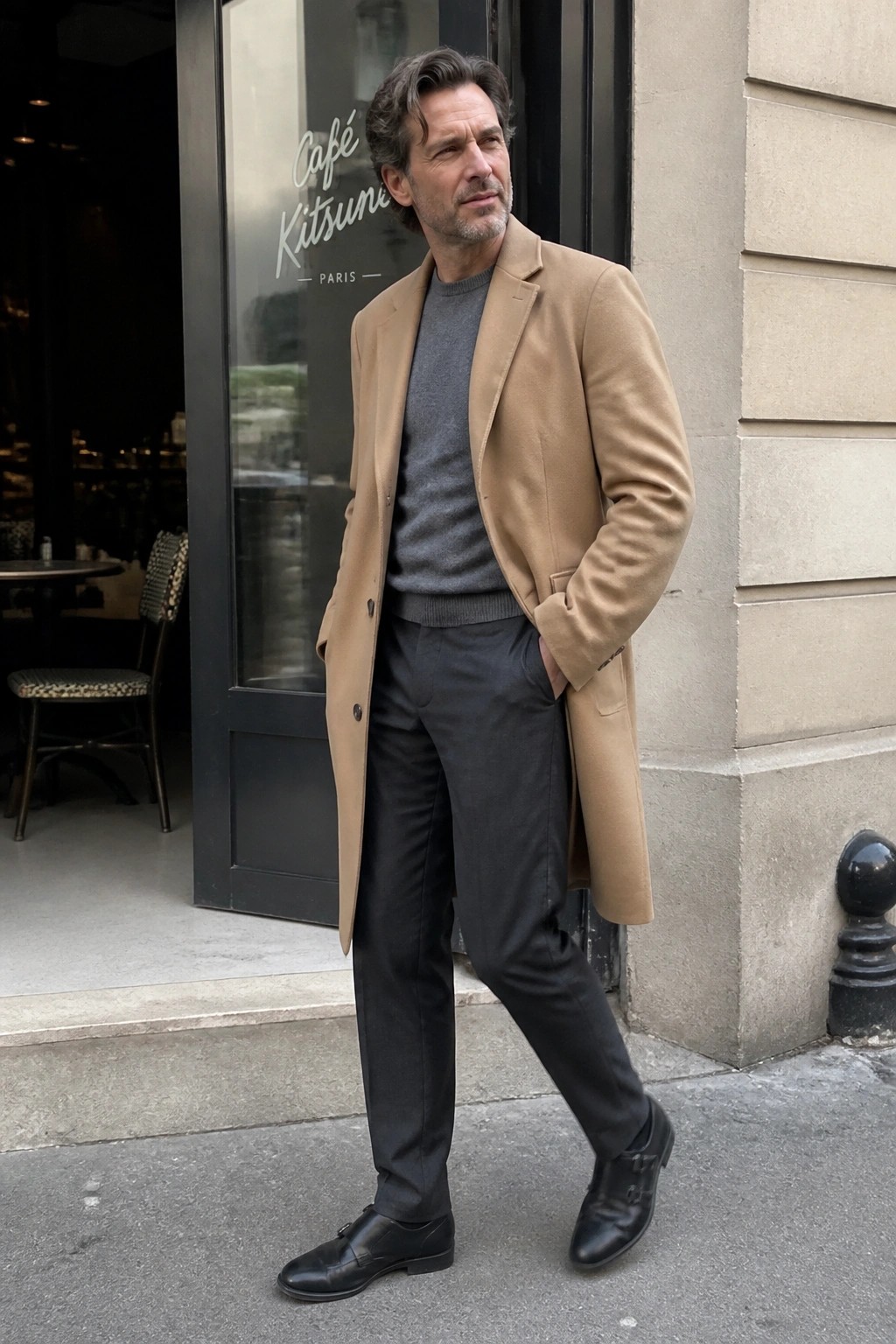 Man in tan overcoat and gray sweater stands outside Café Kitsuné with hands in pockets.