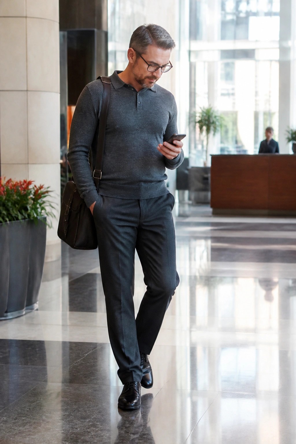 Man in gray sweater checks phone while carrying black bag in modern lobby