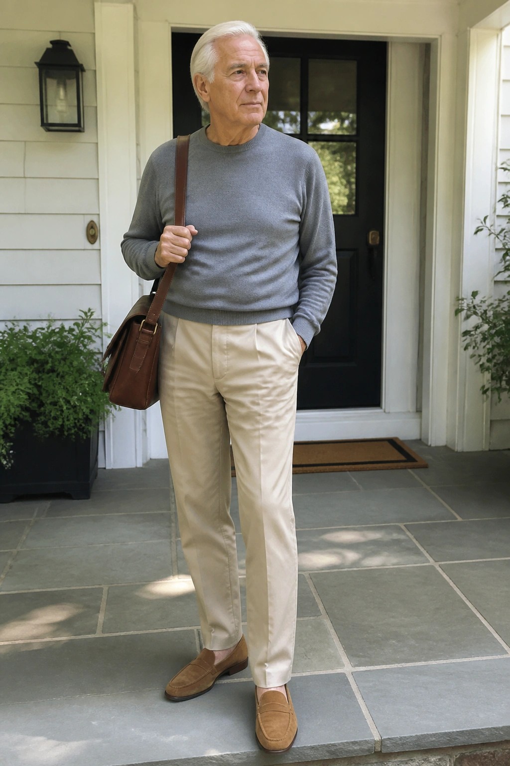 Elderly man in gray sweater and beige pants with brown leather bag on porch