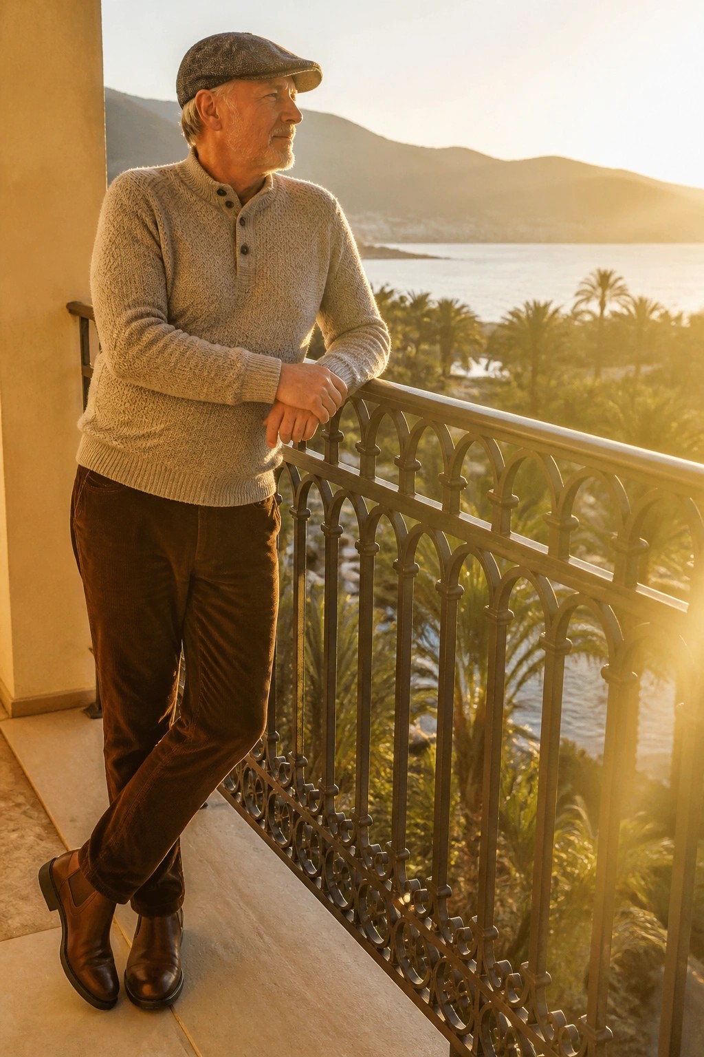 Gray-haired man in flat cap and knit sweater leans on ornate balcony at sunset
