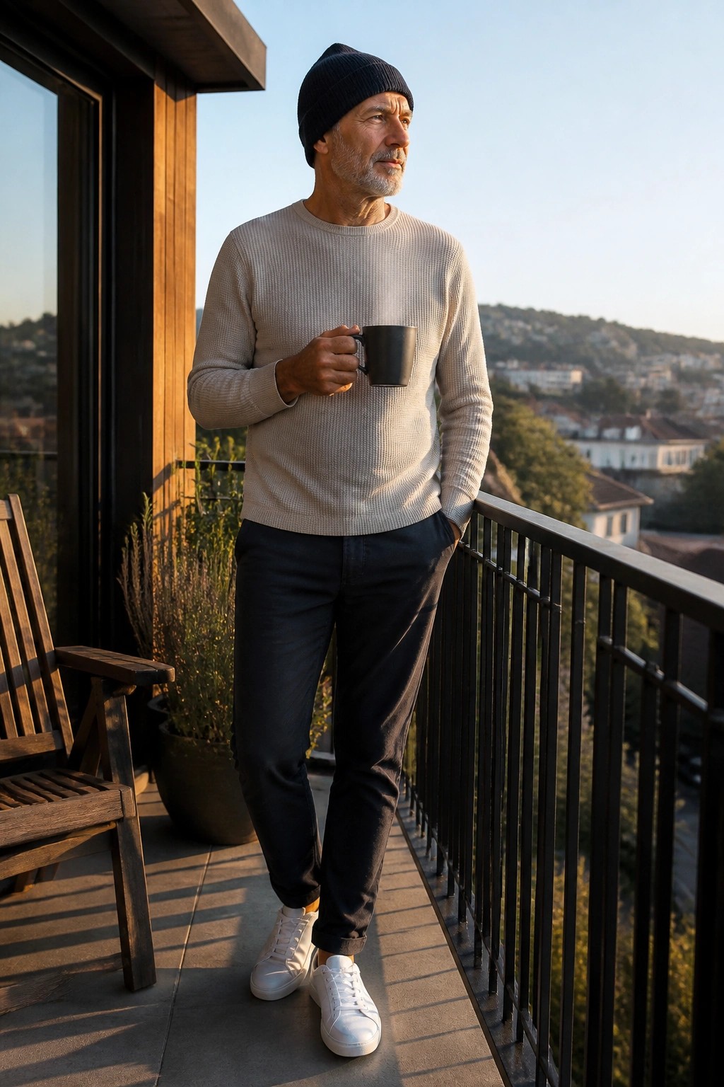 Man over 50 in a beige textured knit sweater dark trousers white sneakers and black beanie standing on a balcony while holding a mug