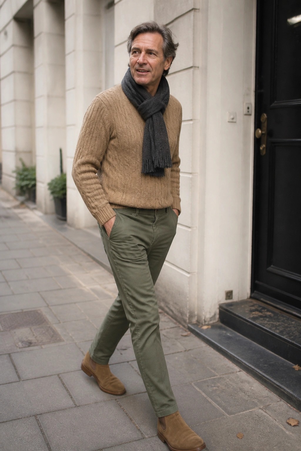 Man in tan cable-knit sweater and olive pants on urban sidewalk