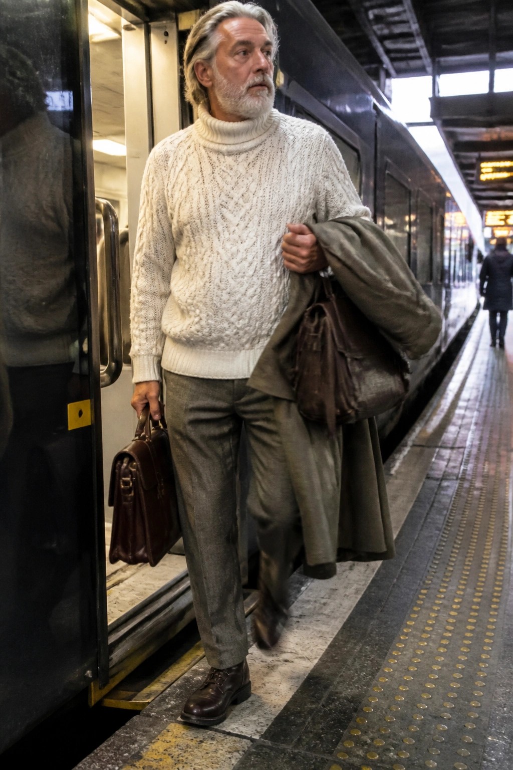 Man in white turtleneck sweater carrying bags and briefcase on train platform