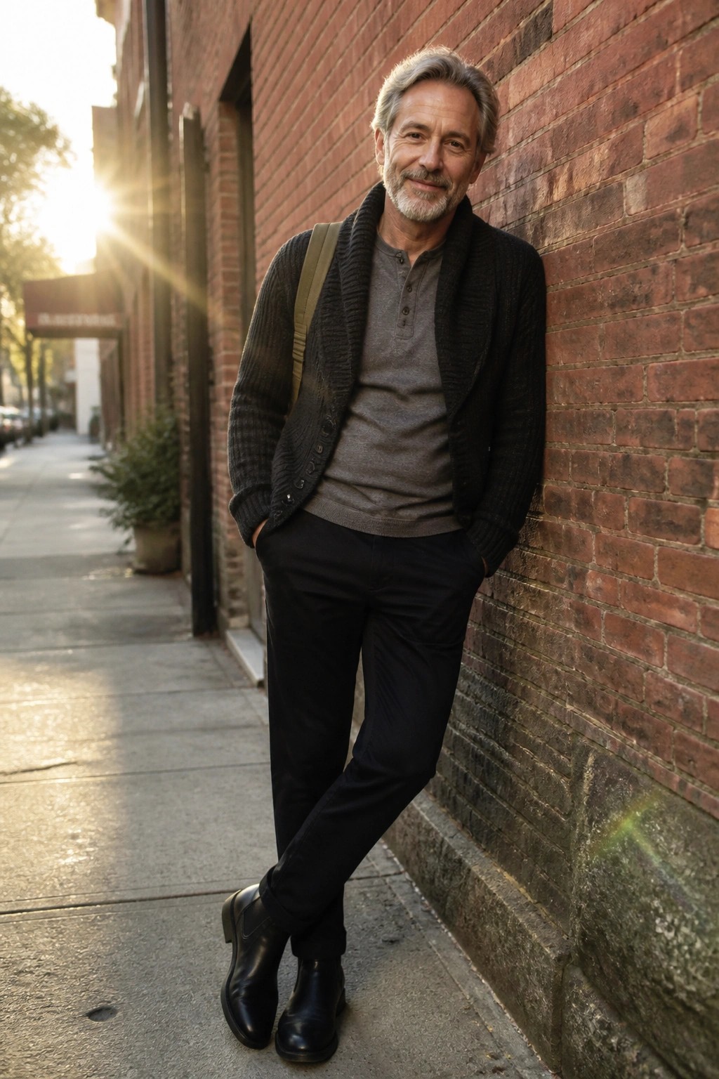 Man in dark cardigan over gray henley leaning against red brick wall on sidewalk