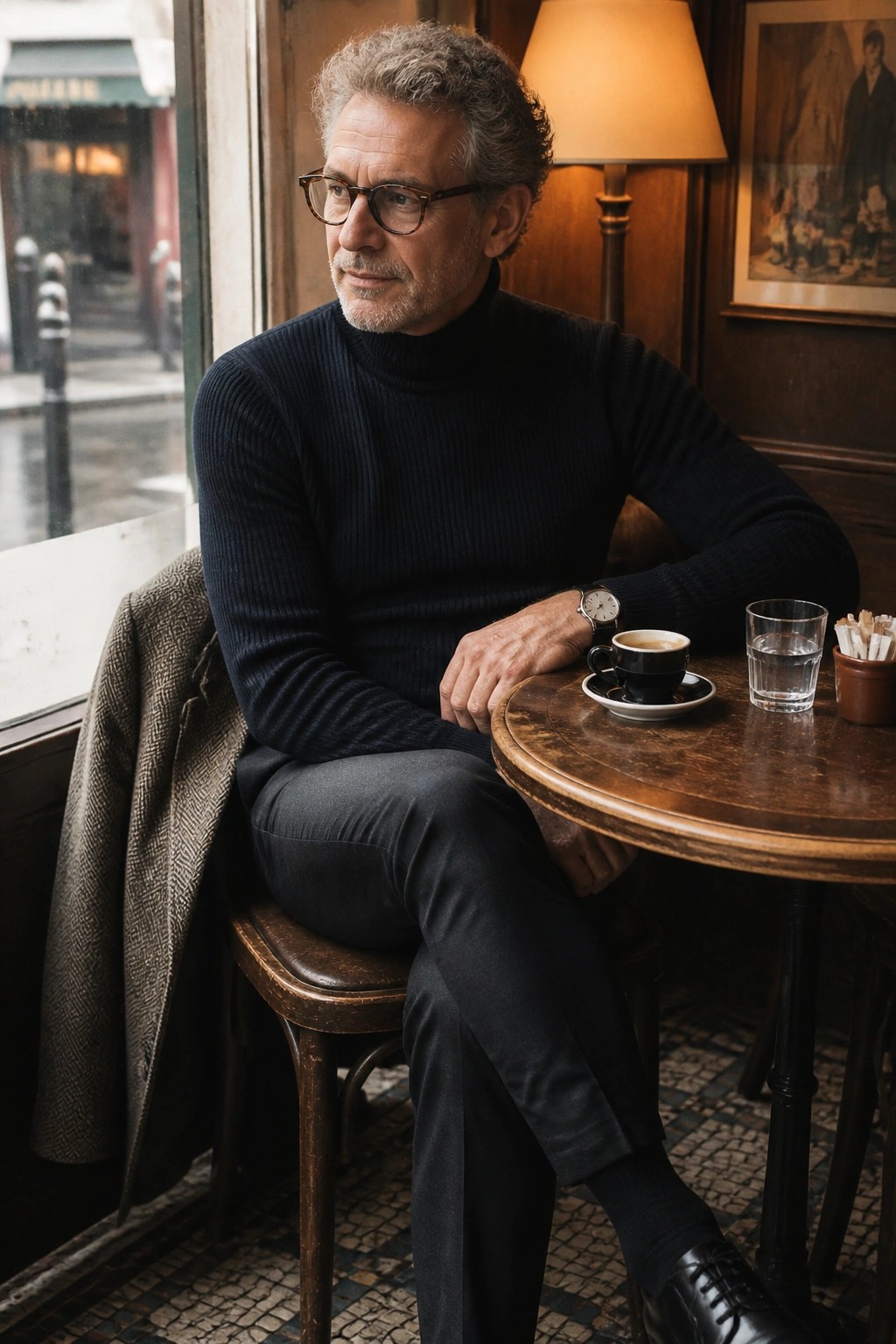 Gray-haired man in navy turtleneck seated at wooden cafe table with espresso