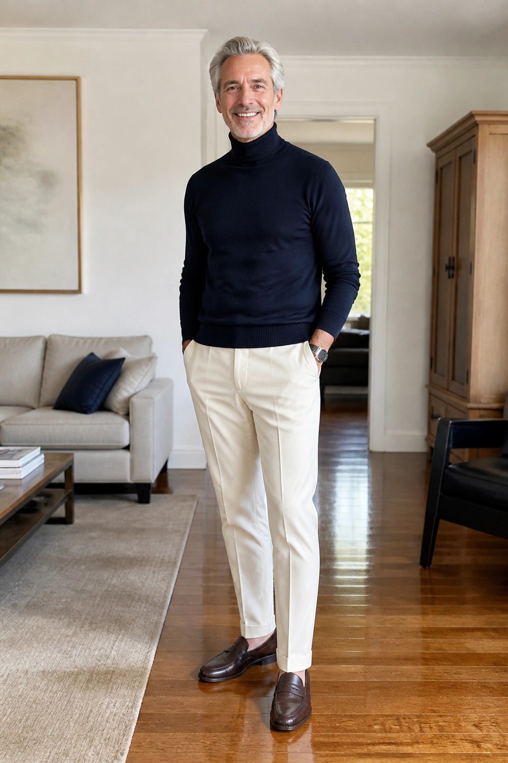 Smiling gray-haired man in navy turtleneck sweater and cream pants stands in living room.