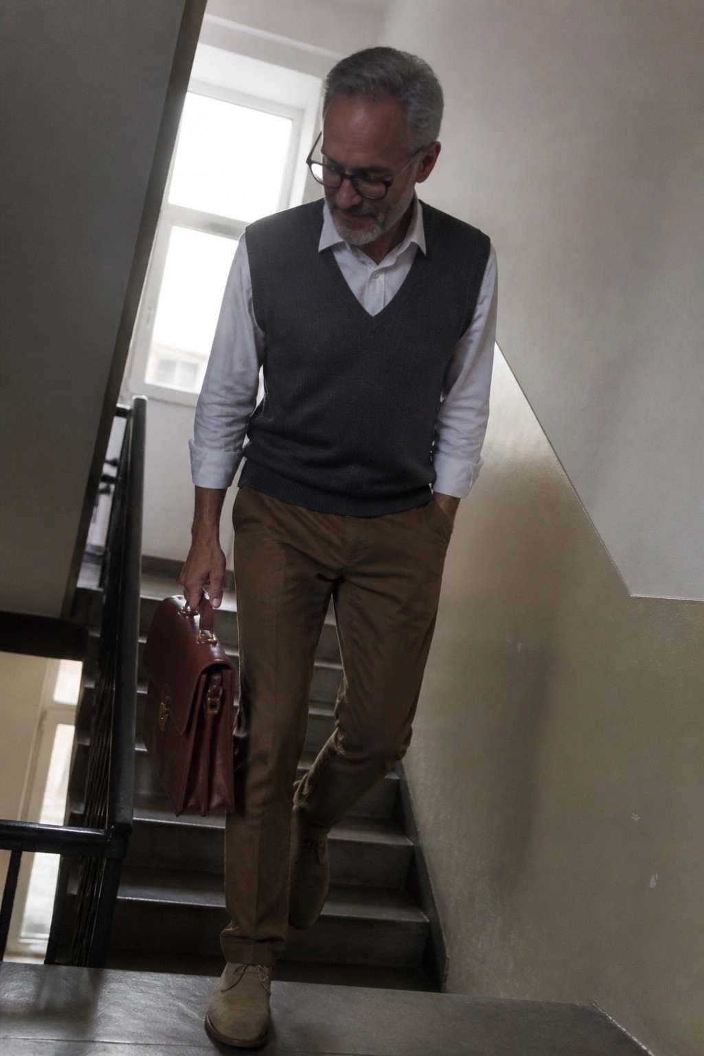 Man in gray sweater vest over white button down shirt, brown trousers, and suede shoes carrying a brown leather briefcase while walking down stairs.